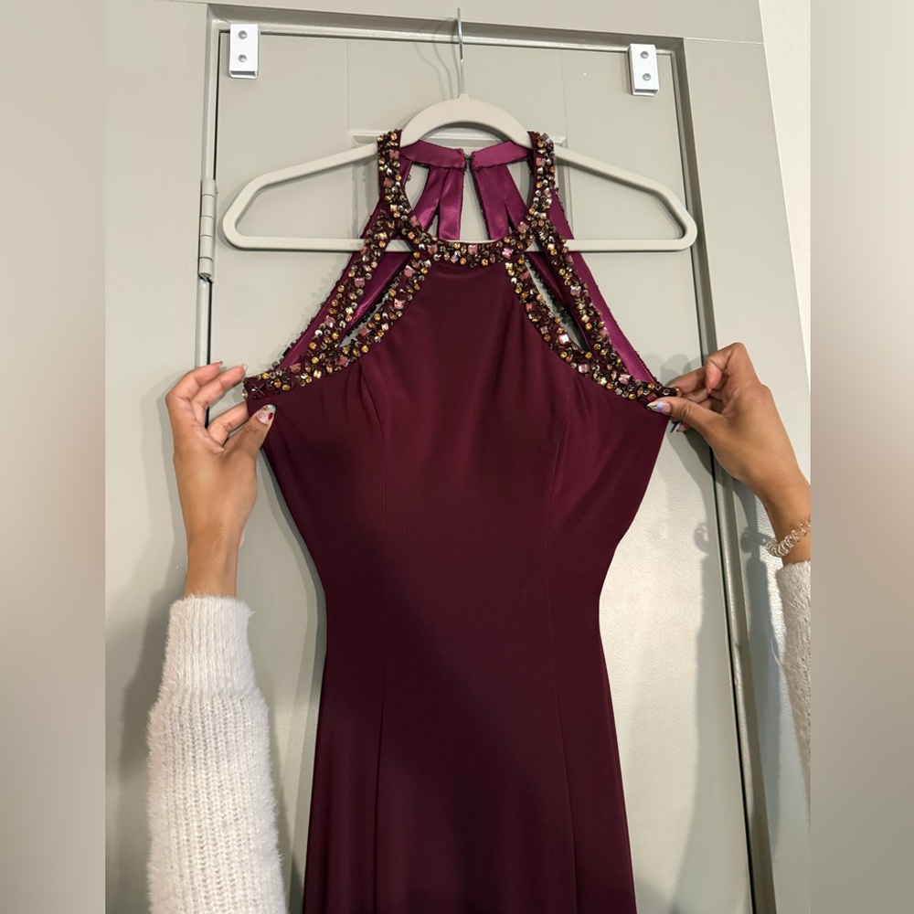 Adam Embellished Halter Prom Dress in Wine